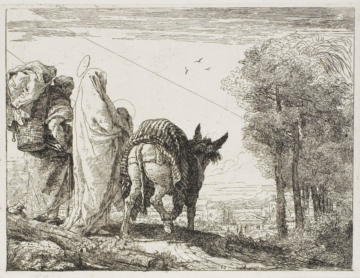 Maria holder barnet i sine arme og Josef med kurven, tallerken ti fra Flugten til Egypten af Giovanni Domenico Tiepolo