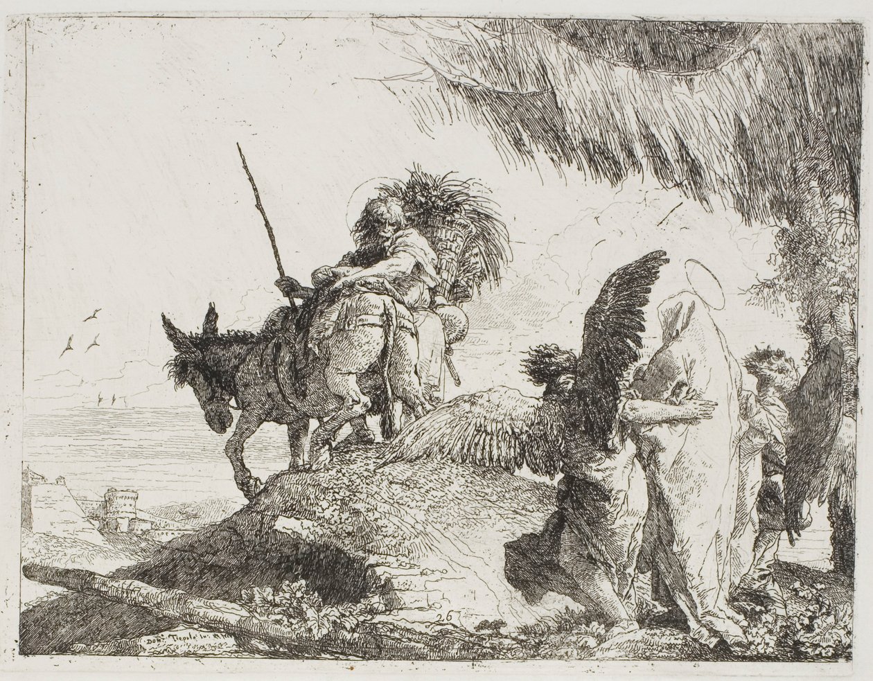 Mary, støttet af to engle, følger Joseph, plade 26 fra Flugten til Egypten af Giovanni Domenico Tiepolo