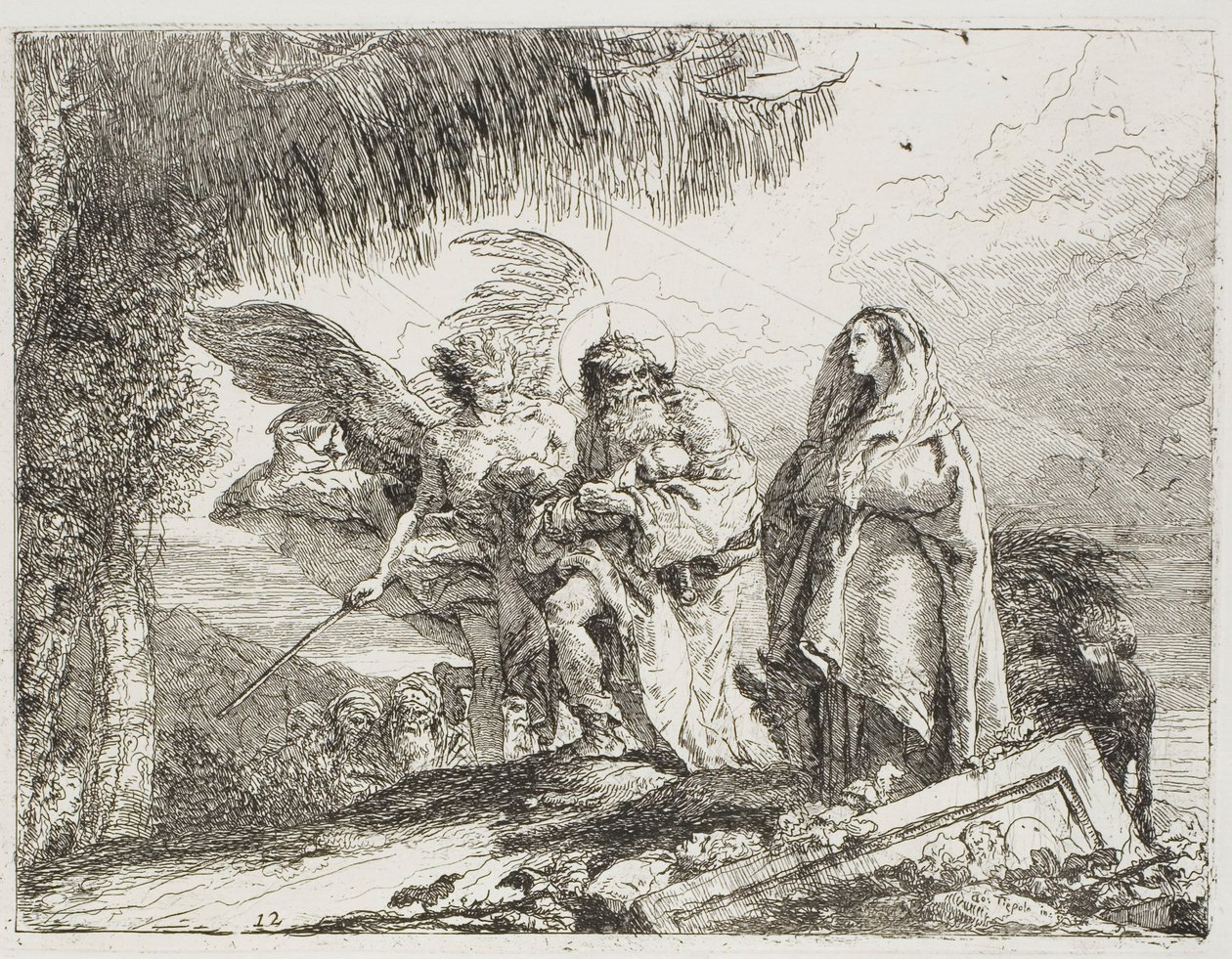 Maria og Josef, der holder barnet, eskorteres af en engel, tallerken tolv fra Flugten til Egypten af Giovanni Domenico Tiepolo