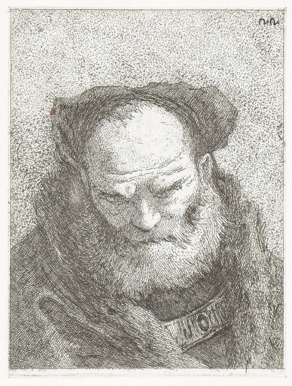 Gammel mand med skæg og bøjet hoved Samling af hoveder (serietitel) Raccolta di Teste (serietitel) af Giovanni Domenico Tiepolo
