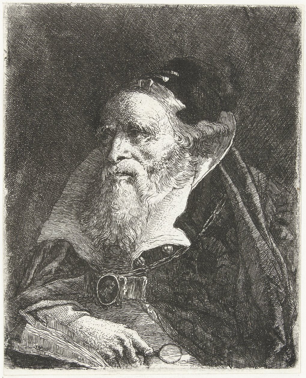 Gammel mand med bog og forstørrelsesglas Samling af hoveder (serietitel) Raccolta di Teste (serietitel) af Giovanni Domenico Tiepolo