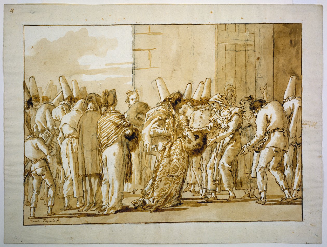 Punchinellas Vater bringt seine Braut nach Hause af Giovanni Domenico Tiepolo