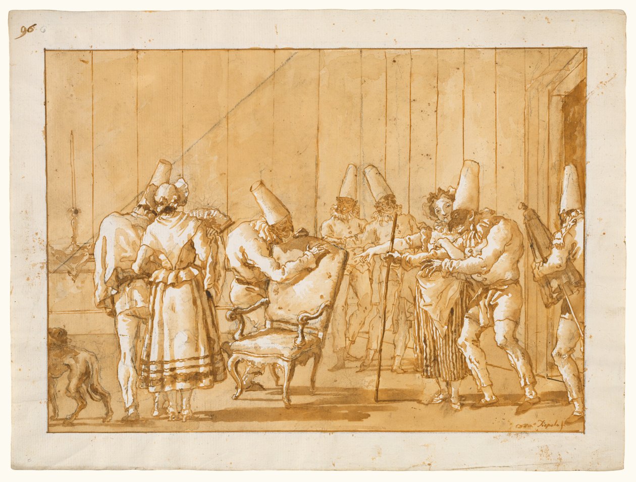 Punchinello bliver hjulpet hen til en stol af Giovanni Domenico Tiepolo