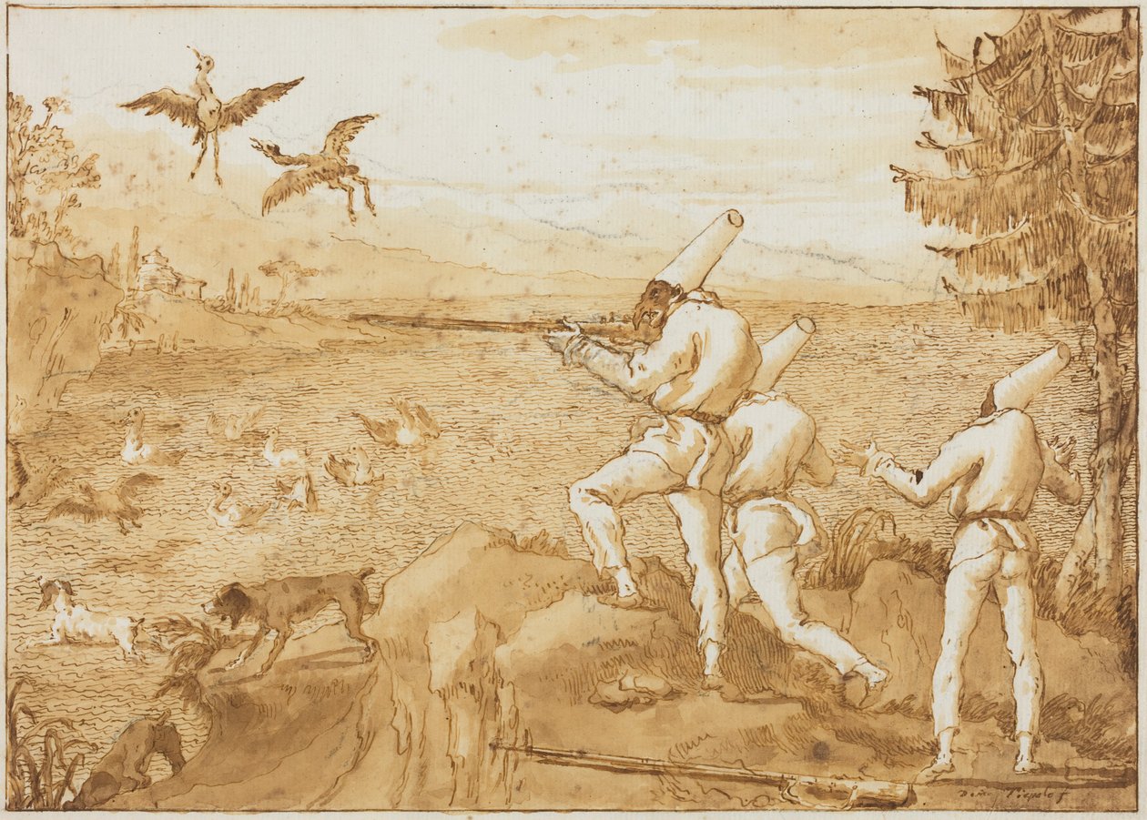 Punchinelloer på jagt efter vandfugle af Giovanni Domenico Tiepolo