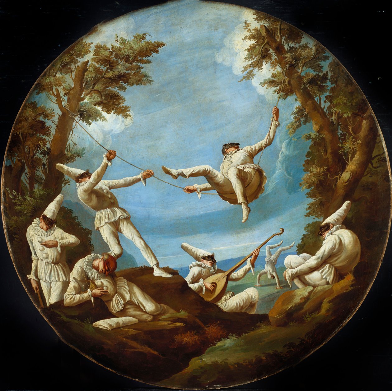 Punchinellos på gynger, laver musik og laver akrobatik i et landskab af Giovanni Domenico Tiepolo