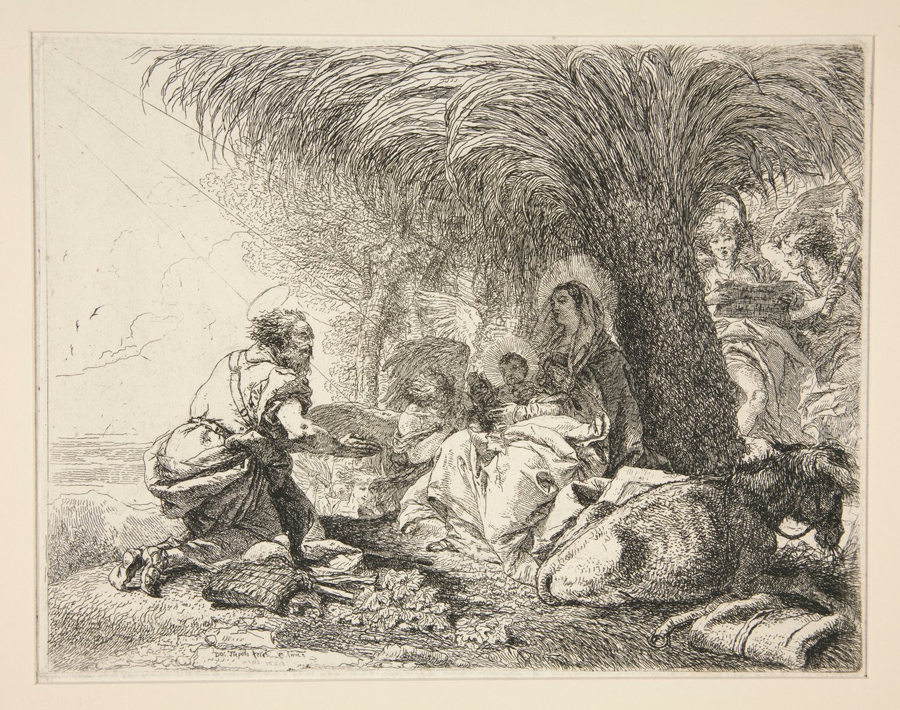 Saint Joseph Adoring the Infant Jesus, fra serien Idee pittoresche sopra la fuga in Egitto (Flight into Egypt) af Giovanni Domenico Tiepolo
