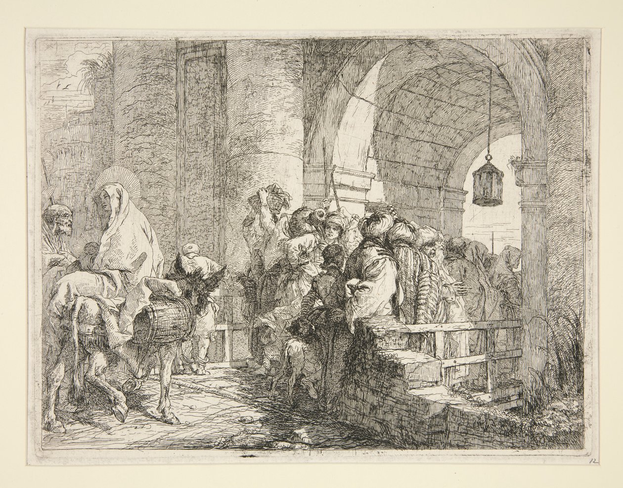 Den hellige families ankomst ved porten til en by, fra serien Idee pittoresche sopra la fuga in Egitto (Flight into Egypt) af Giovanni Domenico Tiepolo