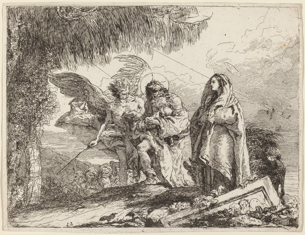 Flugten, den hellige familie går med engel af Giovanni Domenico Tiepolo