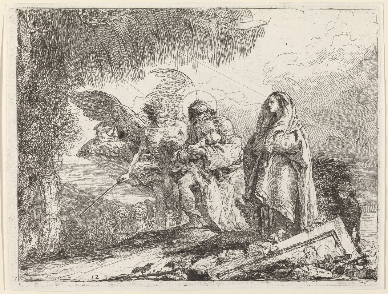 Flugten, den hellige familie går med engel af Giovanni Domenico Tiepolo