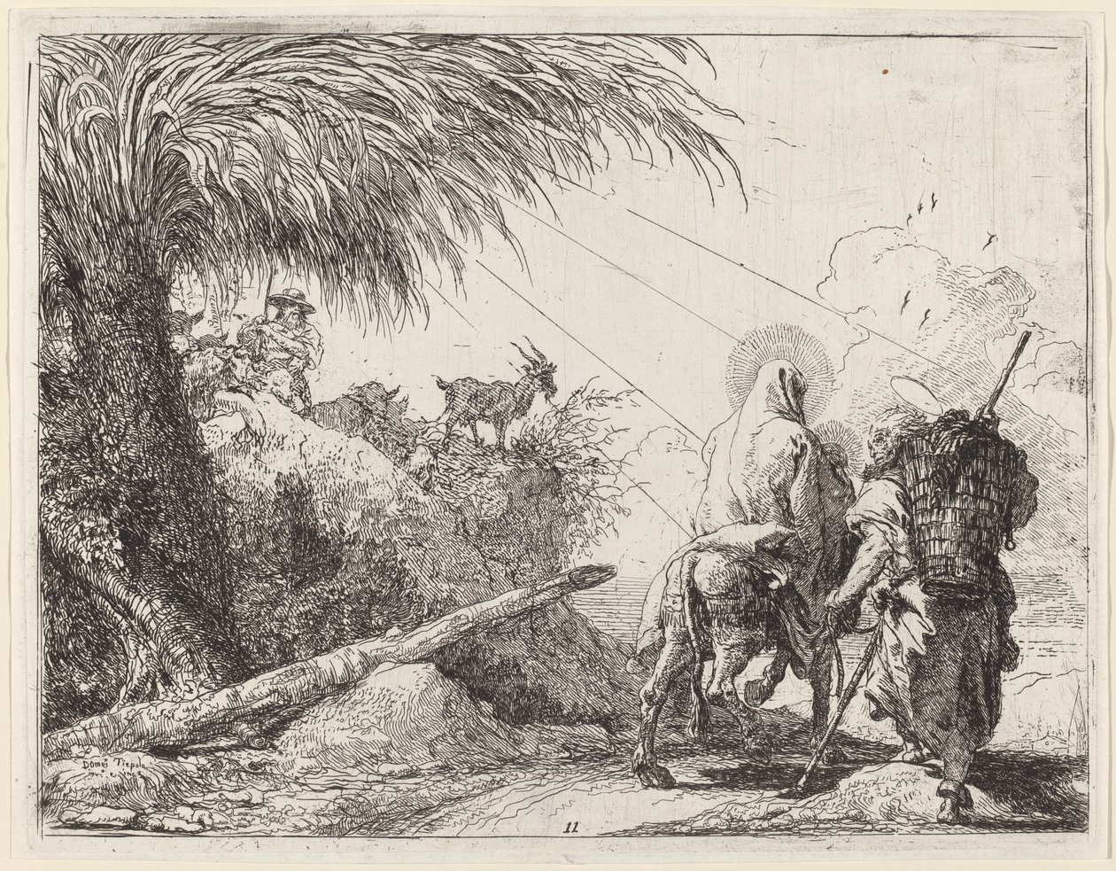 Flugten, den hellige familie til højre, Joseph ser til venstre af Giovanni Domenico Tiepolo