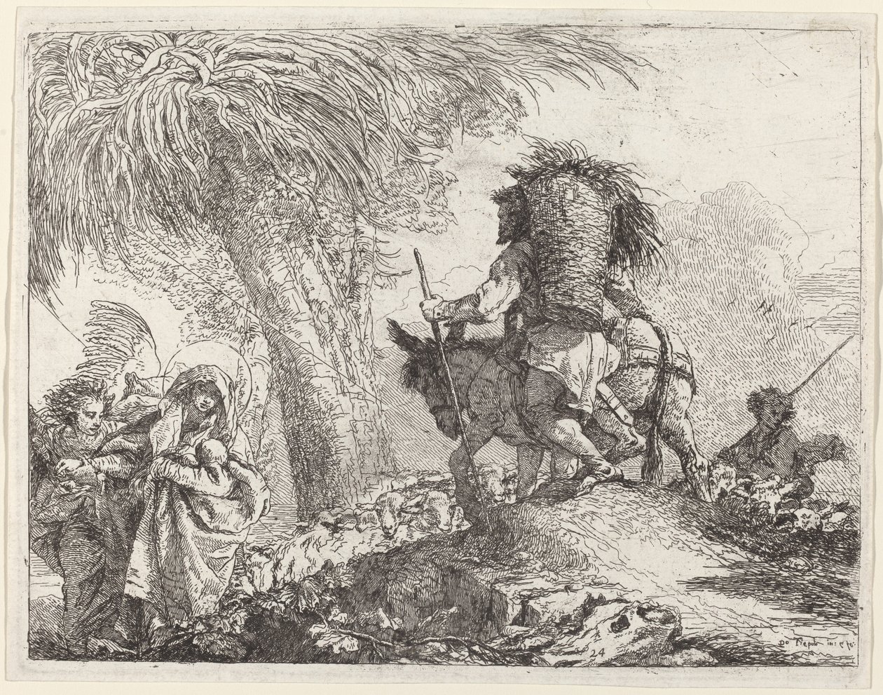 Flugten, Josef til højre og Maria og engel til venstre af Giovanni Domenico Tiepolo
