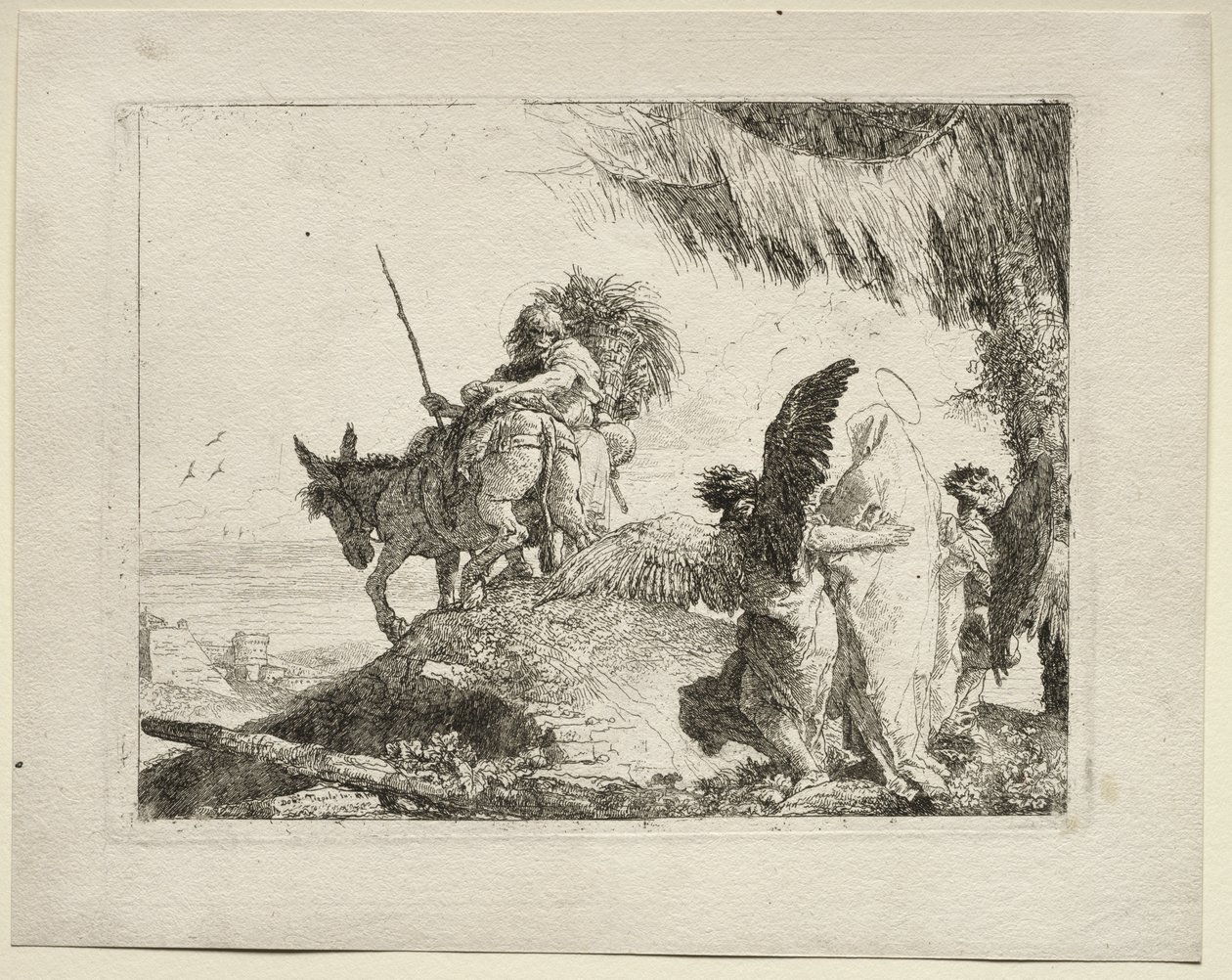 Flugten til Egypten: Flugten med Madonnaen til højre, støttet af engle af Giovanni Domenico Tiepolo