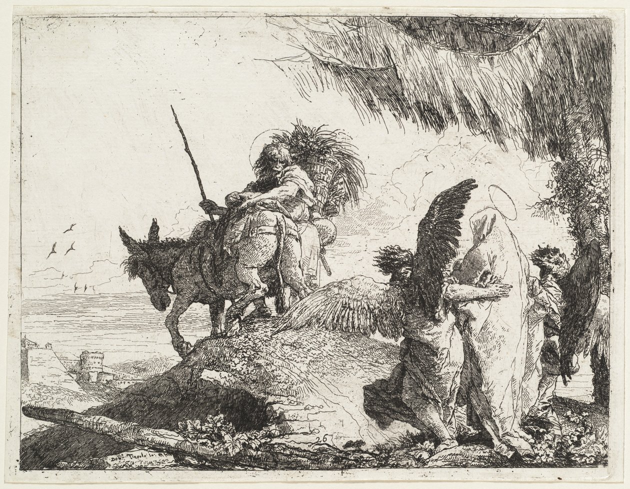 The Flight, med Madonna til højre støttet af engle af Giovanni Domenico Tiepolo