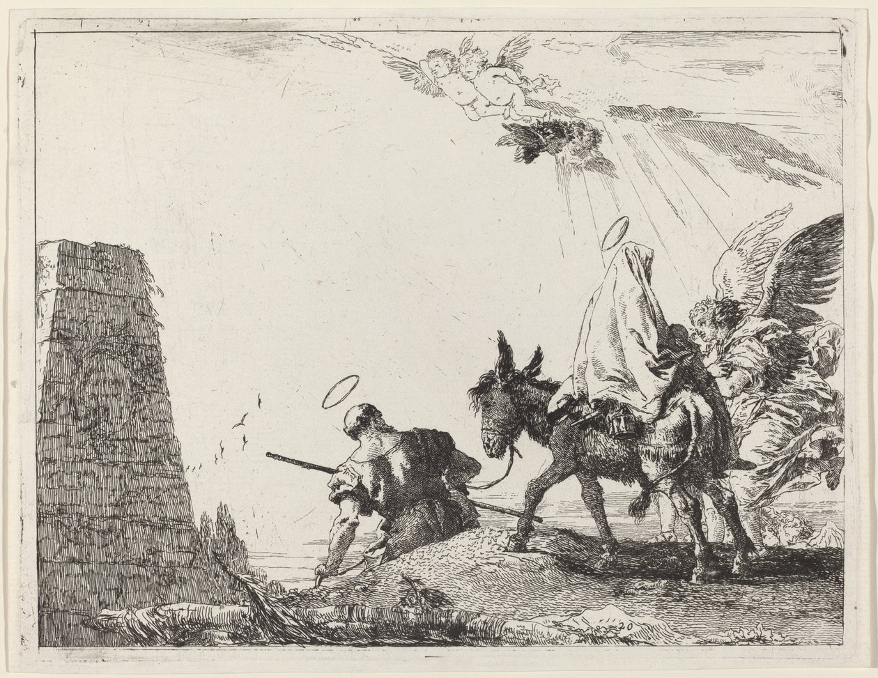 Flugten med obelisken til venstre af Giovanni Domenico Tiepolo