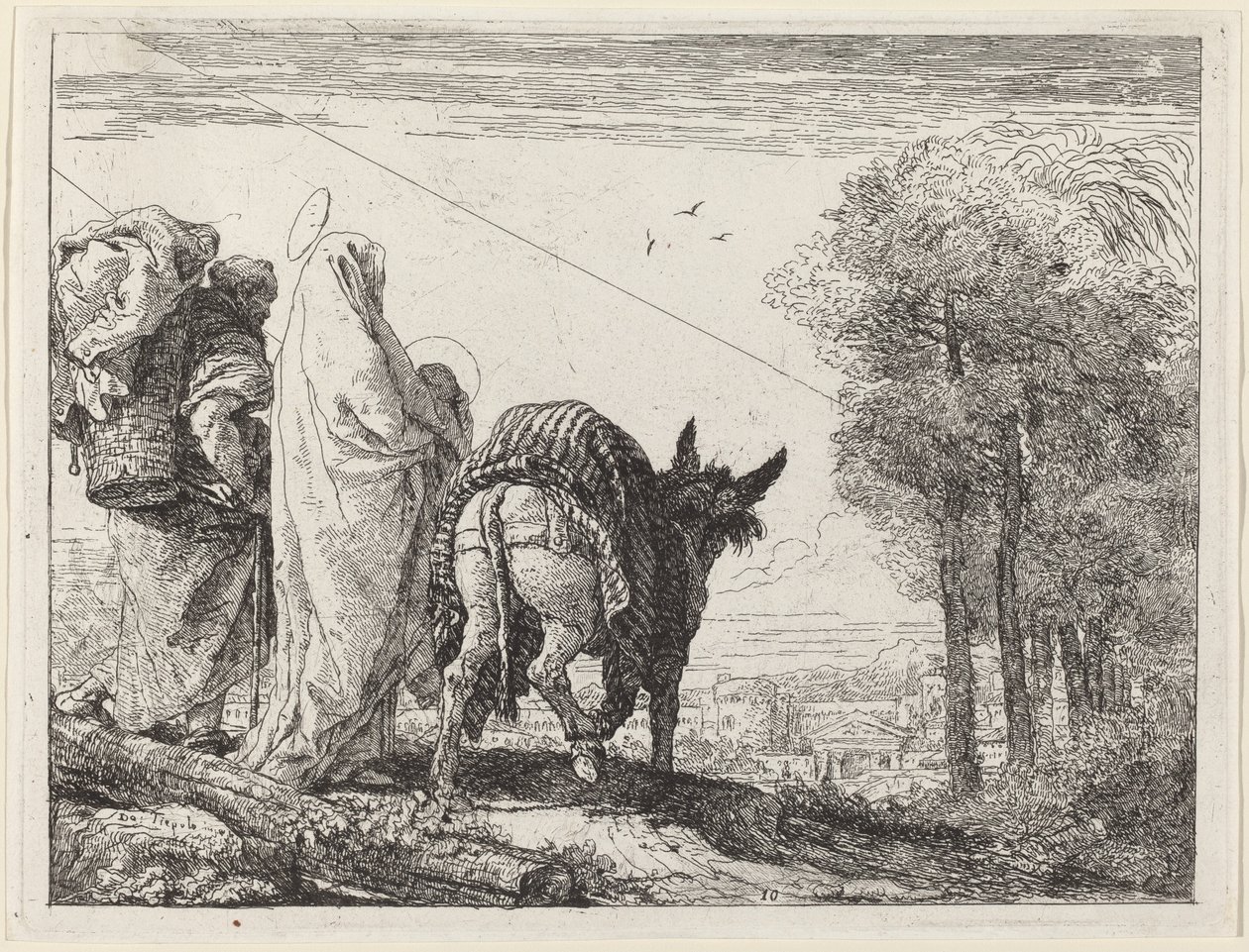Flyvningen med den hellige familie til venstre af Giovanni Domenico Tiepolo