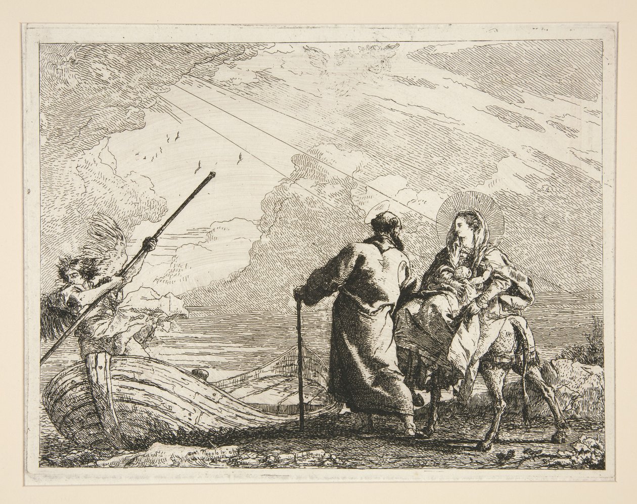 Den Hellige Familie ankommer til en flodbred, fra serien »Idee pittoresche sopra la fuga in Egitto« (Flugten til Egypten) af Giovanni Domenico Tiepolo