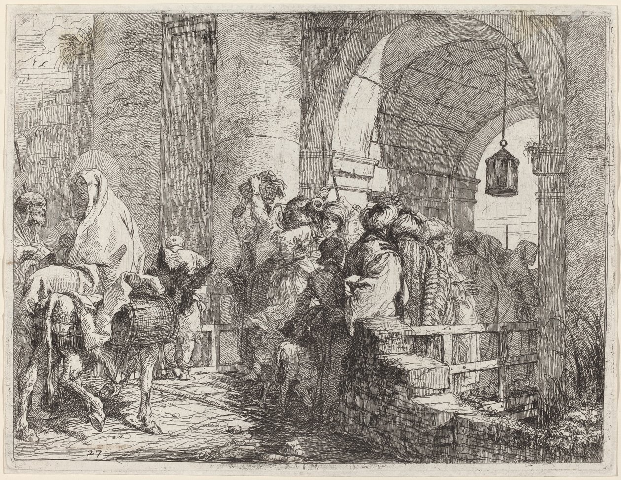 Den hellige familie ankommer til en byport af Giovanni Domenico Tiepolo