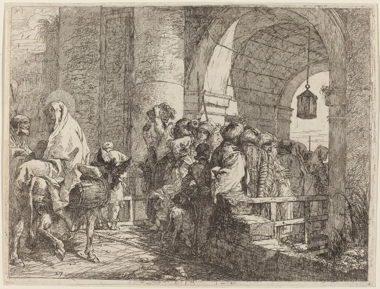 Den hellige familie ankommer til en byport af Giovanni Domenico Tiepolo