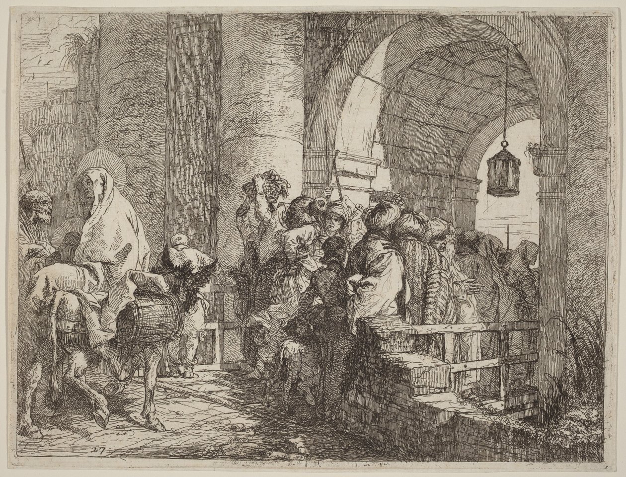 Den hellige familie ankommer til en byport af Giovanni Domenico Tiepolo