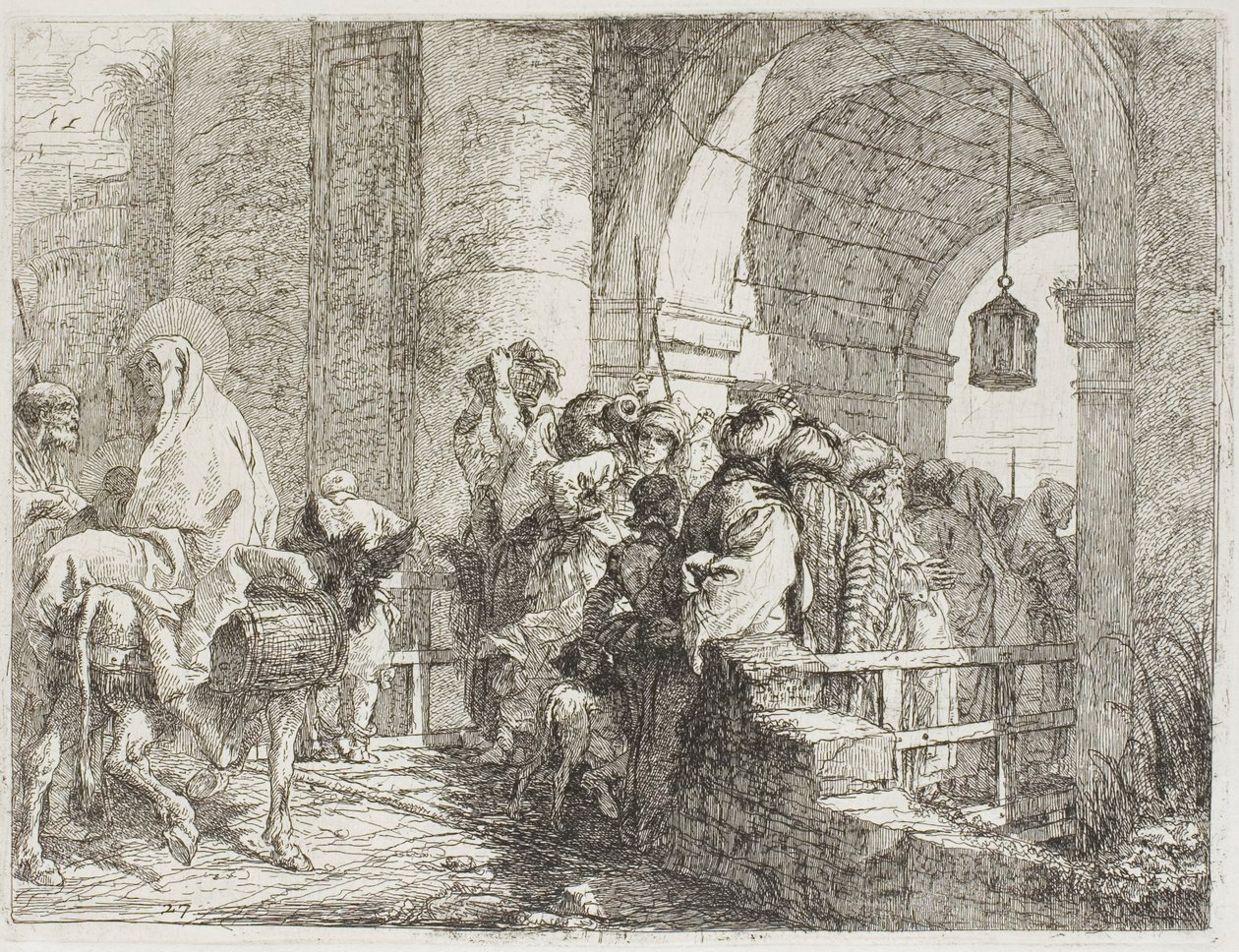 Den hellige familie ankommer til en byport, plade 27 fra Flugten til Egypten af Giovanni Domenico Tiepolo