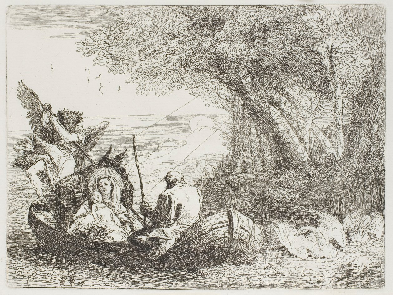 Den hellige familie krydser søen i båden, plade sytten fra Flugten til Egypten af Giovanni Domenico Tiepolo