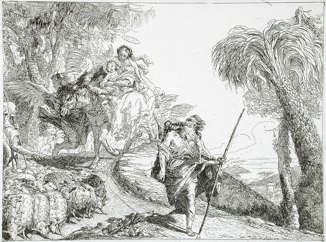 Den hellige familie på vej ned ad en skovsti, nær en flok og nogle hyrder af Giovanni Domenico Tiepolo