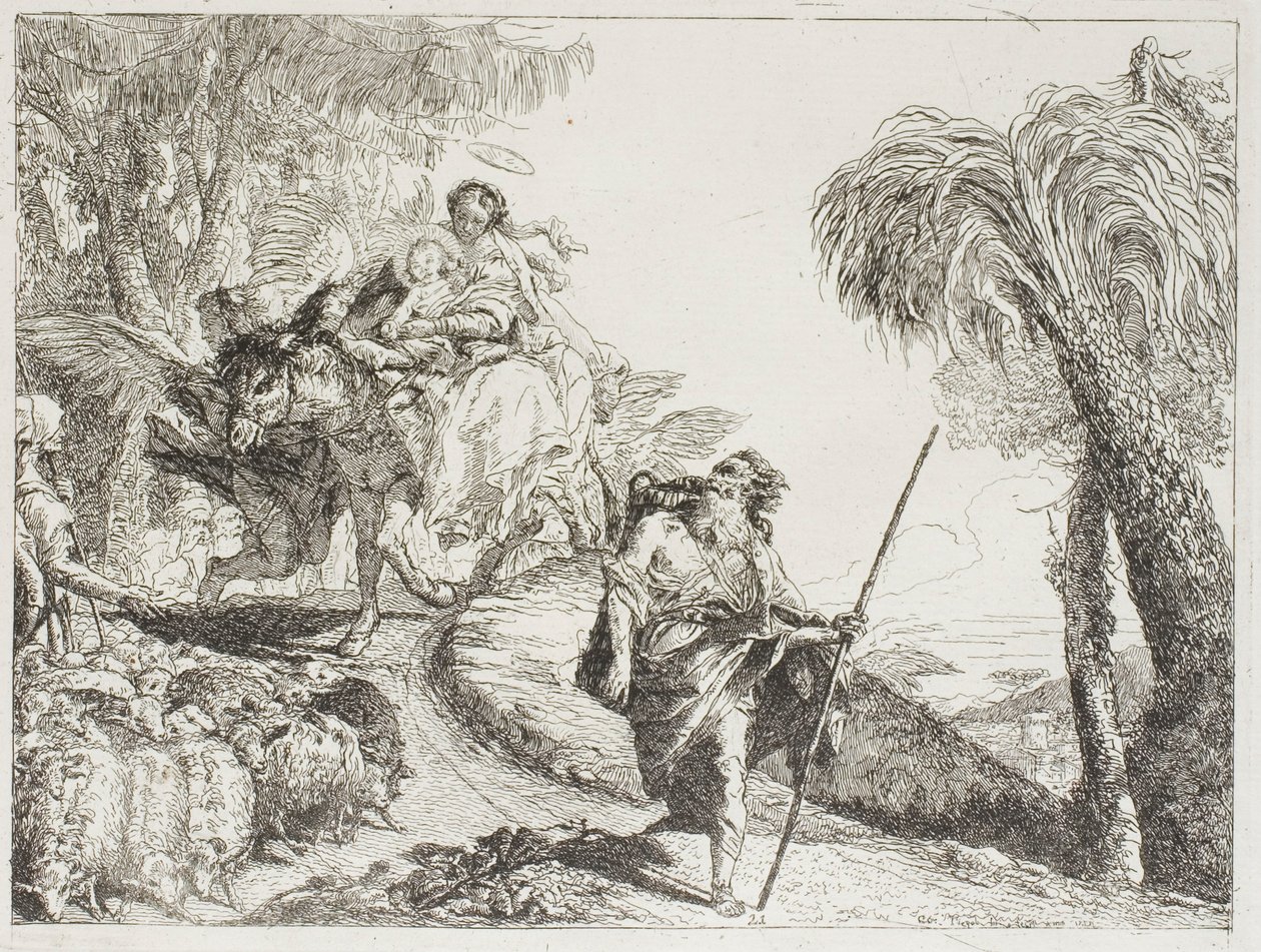 Den hellige familie går ned ad en skovsti, nær en flok og nogle hyrder, plade 21 fra Flugten til Egypten af Giovanni Domenico Tiepolo