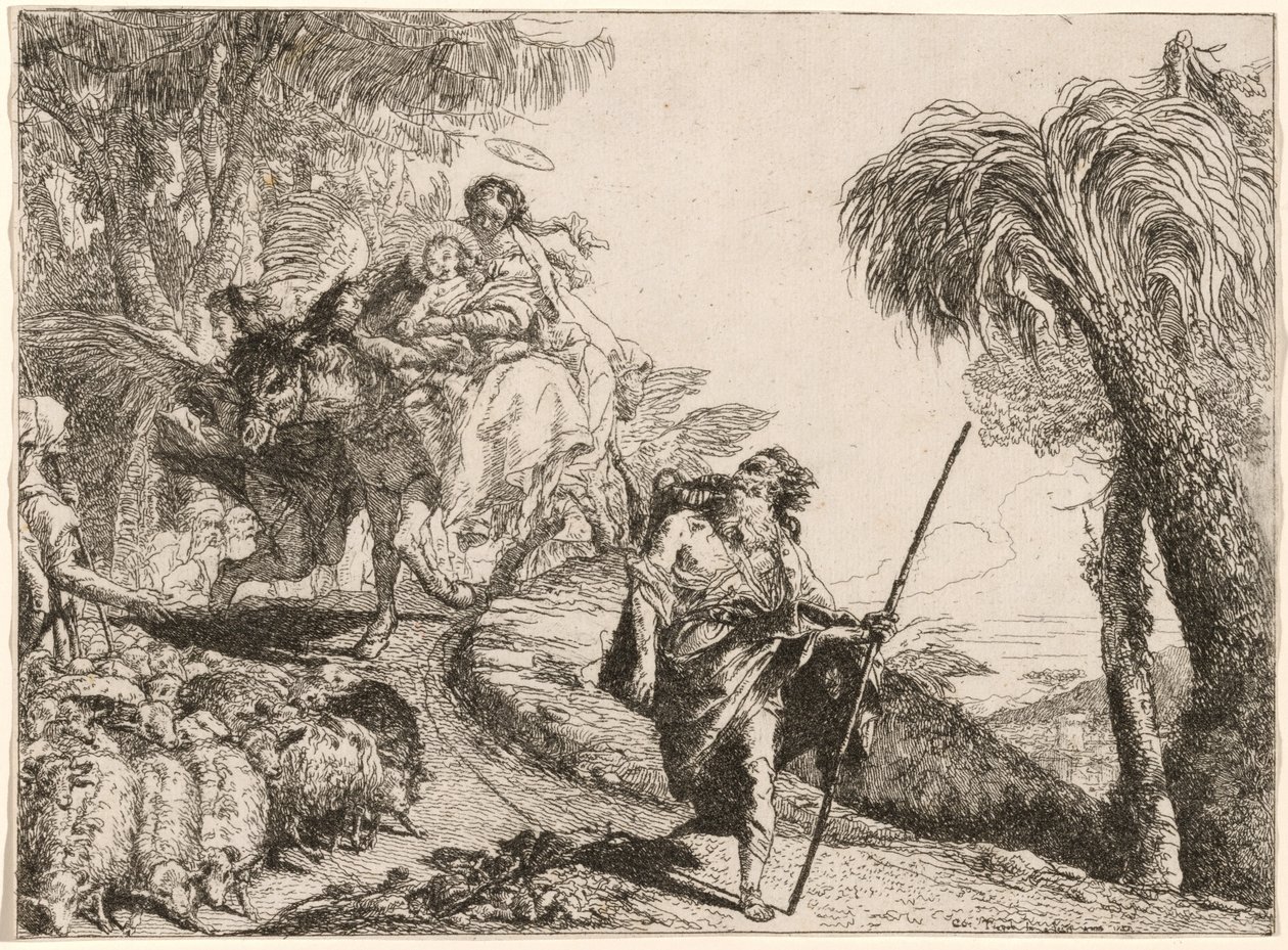 Den hellige familie går ned ad en sti nær hyrder af Giovanni Domenico Tiepolo