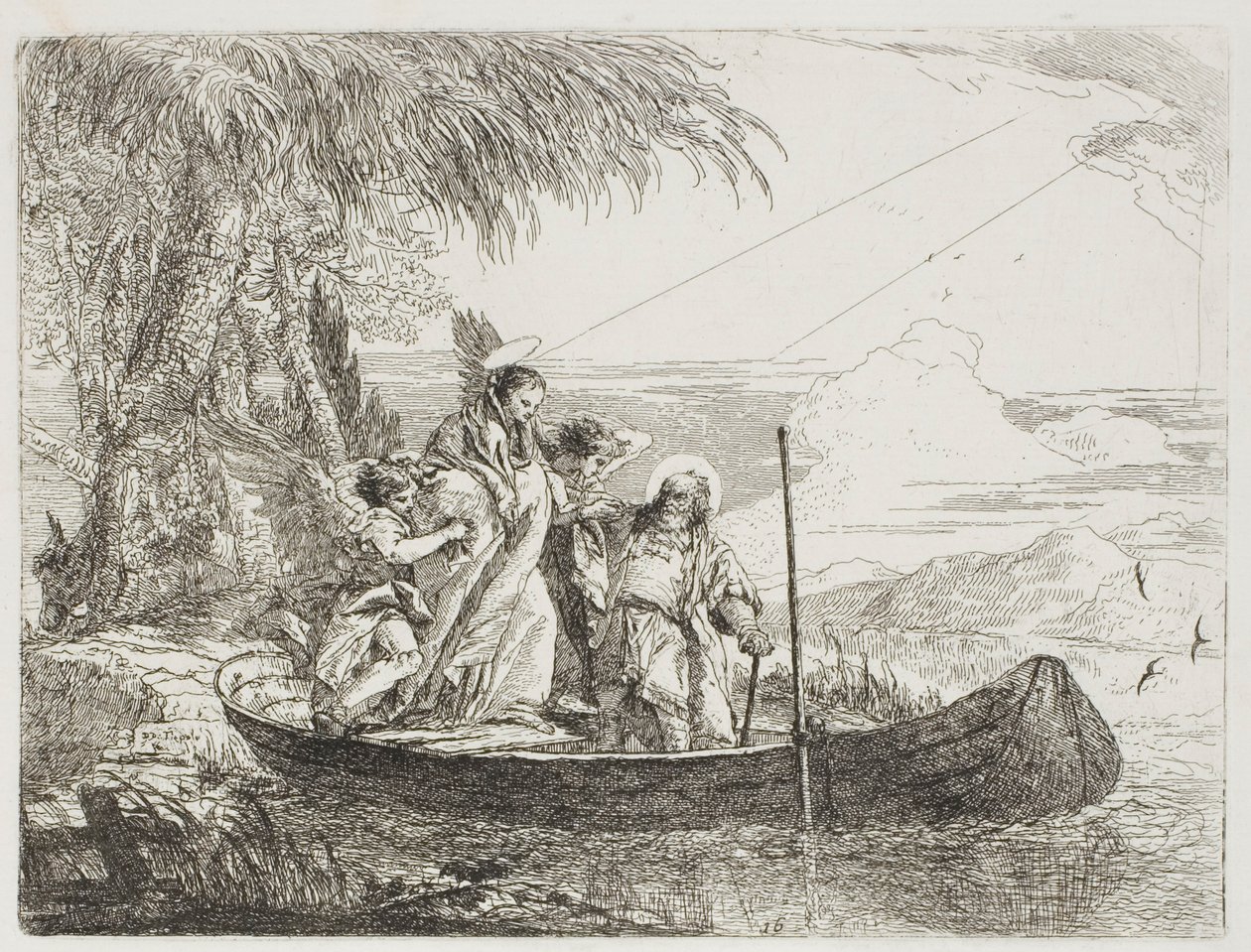 Den hellige familie går ind i båden med englenes hjælp, plade seksten fra Flugten til Egypten af Giovanni Domenico Tiepolo