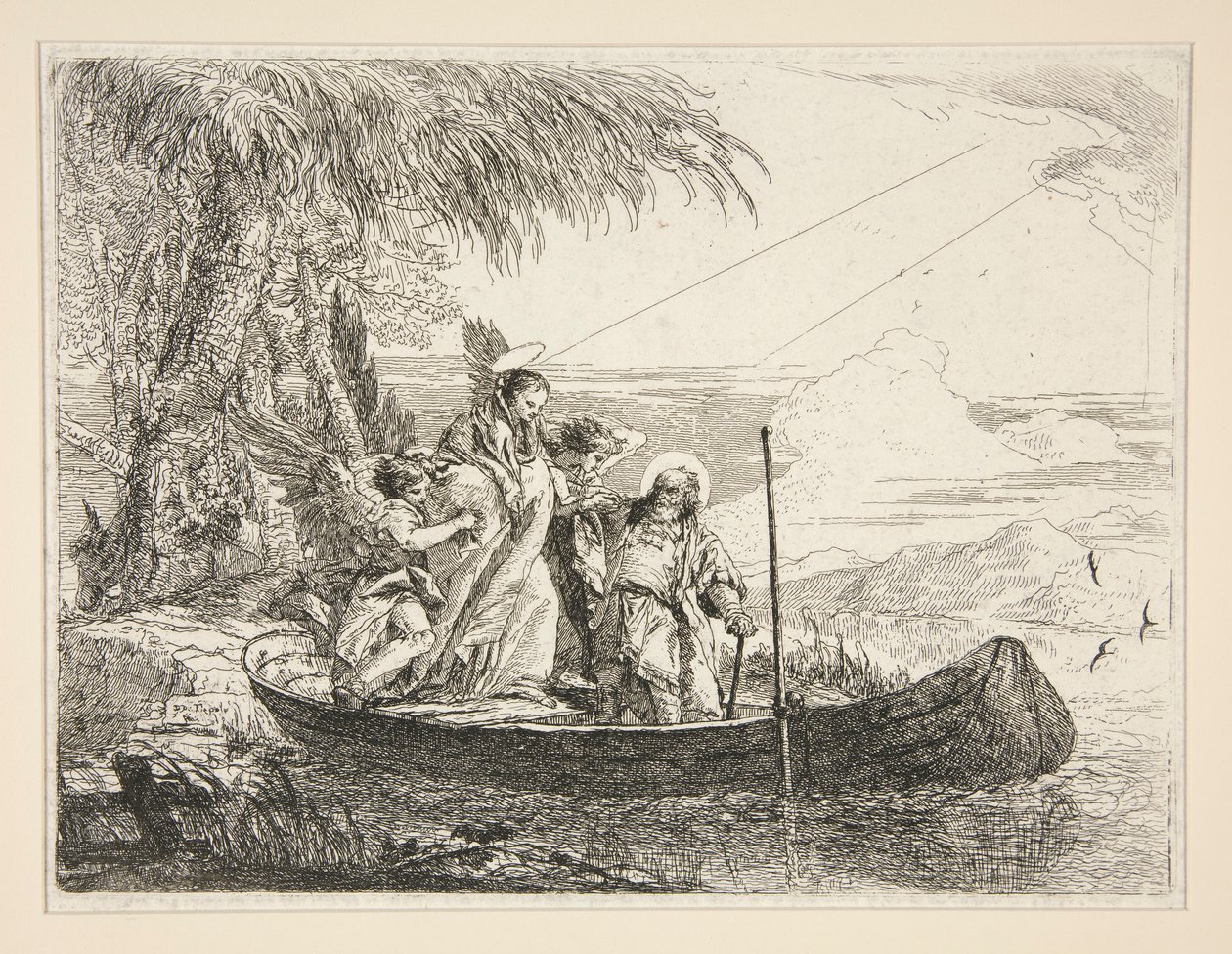 The Holy Family Enters a Boat, fra serien Idee pittoresche sopra la fuga in Egitto (Flight into Egypt) af Giovanni Domenico Tiepolo
