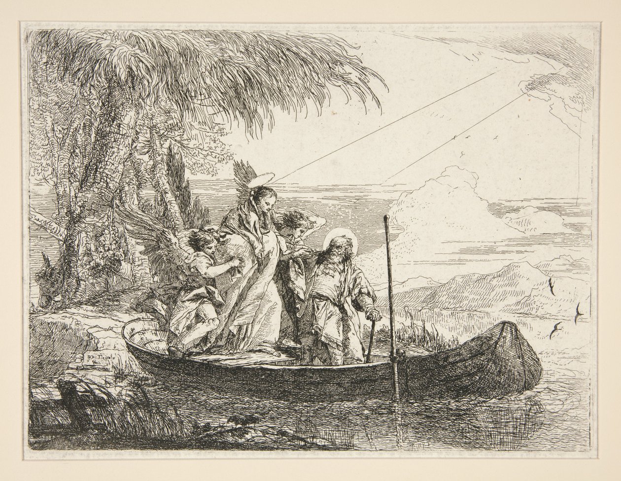 Den Hellige Familie stiger om bord på en båd, fra serien »Idee pittoresche sopra la fuga in Egitto« (Flugten til Egypten) af Giovanni Domenico Tiepolo