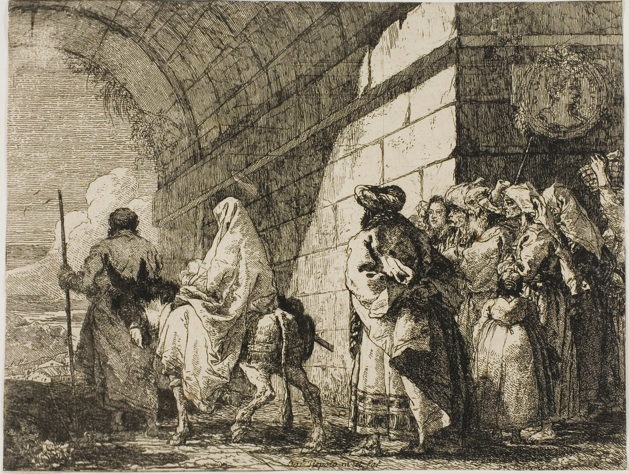 Den hellige familie går af ved en byport, plade syv fra Flugten til Egypten af Giovanni Domenico Tiepolo