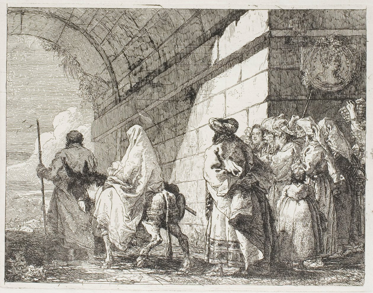 Den hellige familie går af ved en byport, plade syv fra Flugten til Egypten af Giovanni Domenico Tiepolo