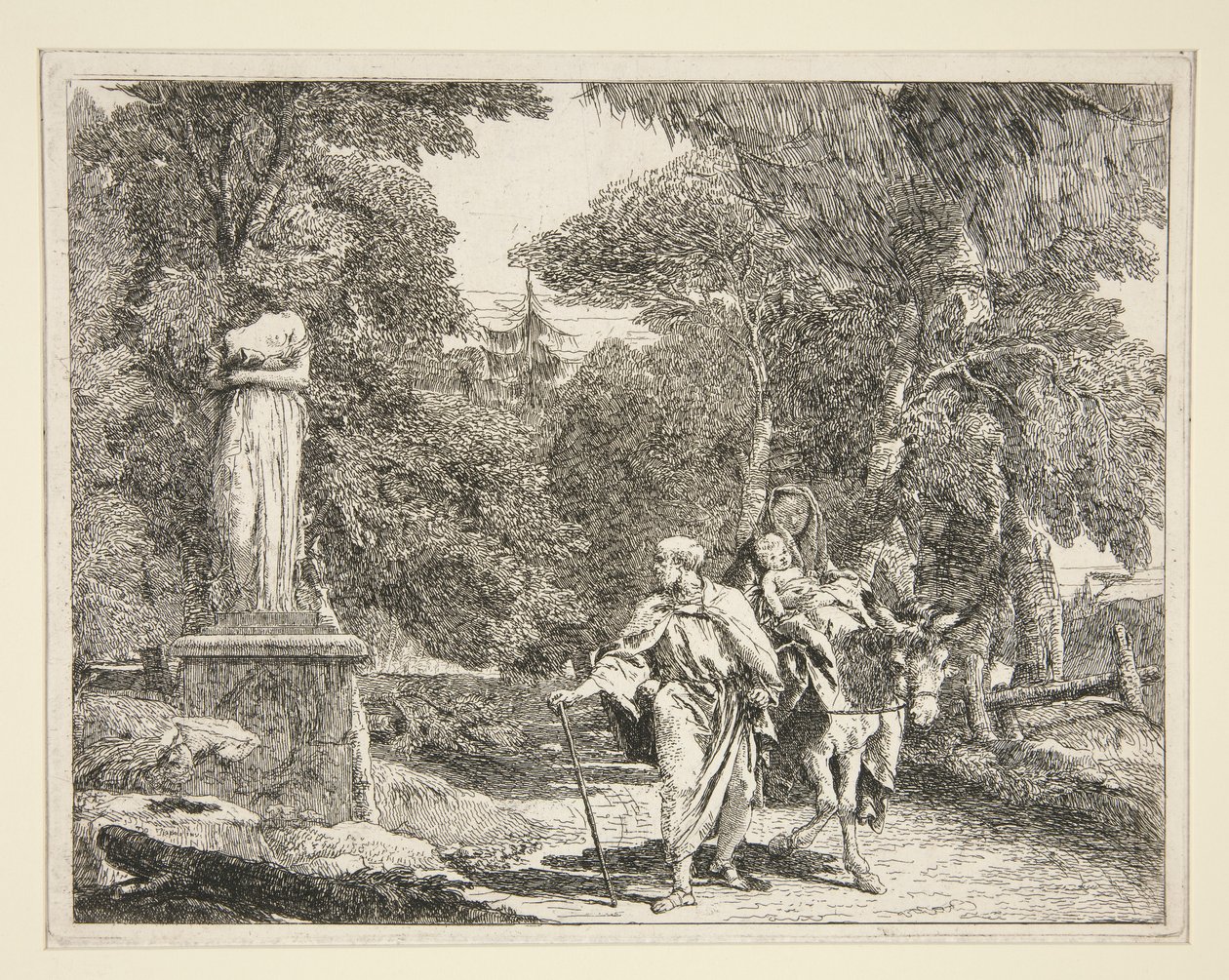 The Holy Family Passing Near a Statue, fra serien Idee pittoresche sopra la fuga in Egitto (Flight into Egypt) af Giovanni Domenico Tiepolo