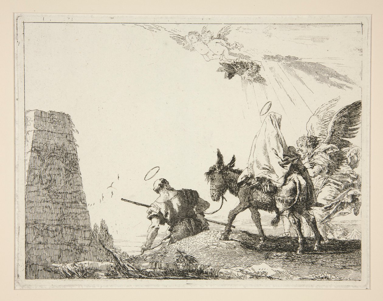 The Holy Family Passing a Pyramid, fra serien Idee pittoresche sopra la fuga in Egitto (Flight into Egypt) af Giovanni Domenico Tiepolo