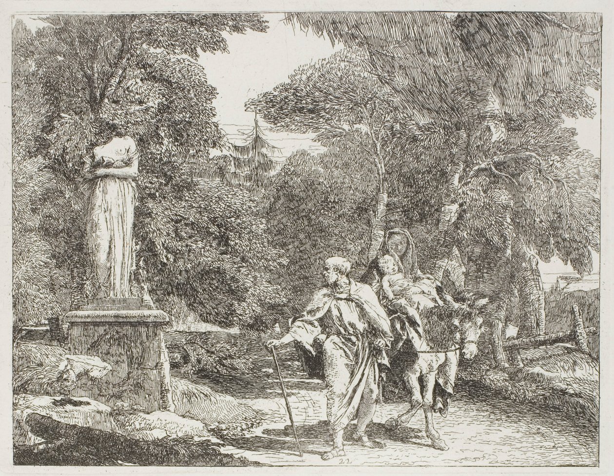 Den hellige familie passerer en statue, hvis hoved falder til jorden, plade 22 fra Flugten til Egypten af Giovanni Domenico Tiepolo