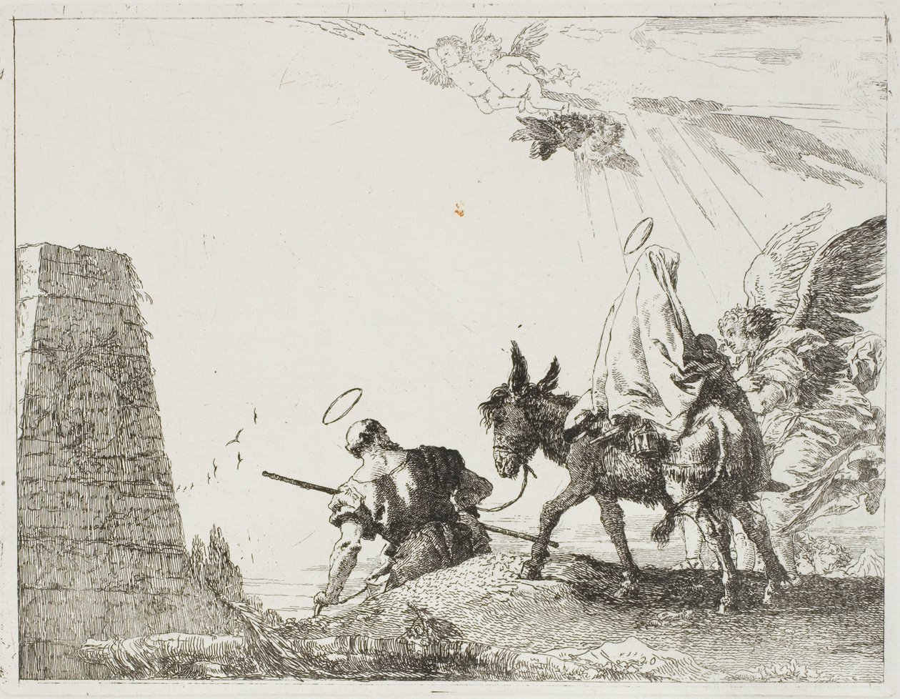 Den hellige familie går forbi en pyramide, tallerken tyve fra Flugten til Egypten af Giovanni Domenico Tiepolo