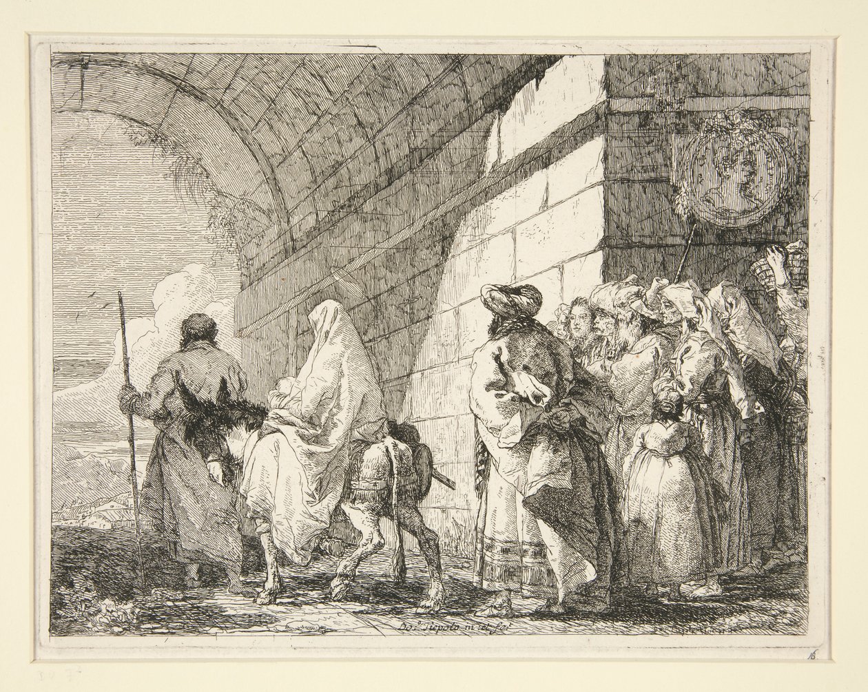 Den hellige familie passerer under en bue, forlader ved en byport, fra serien Idee pittoresche sopra la fuga in Egitto (Flight into Egypt) af Giovanni Domenico Tiepolo