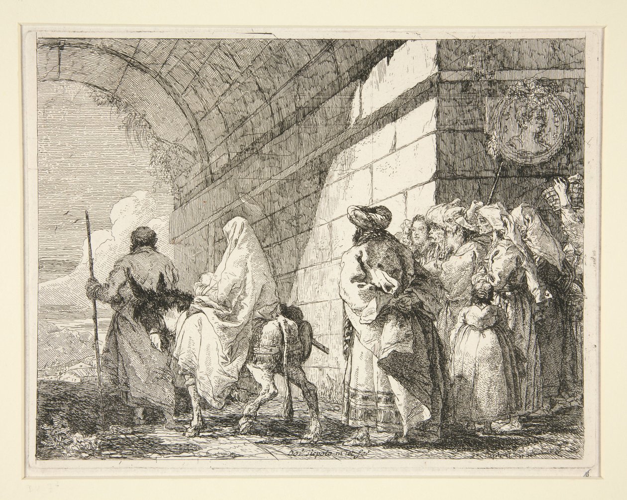 Den hellige familie passerer under en bue og forlader byen gennem en byport, fra serien »Idee pittoresche sopra la fuga in Egitto« (Flugten til Egypten) af Giovanni Domenico Tiepolo