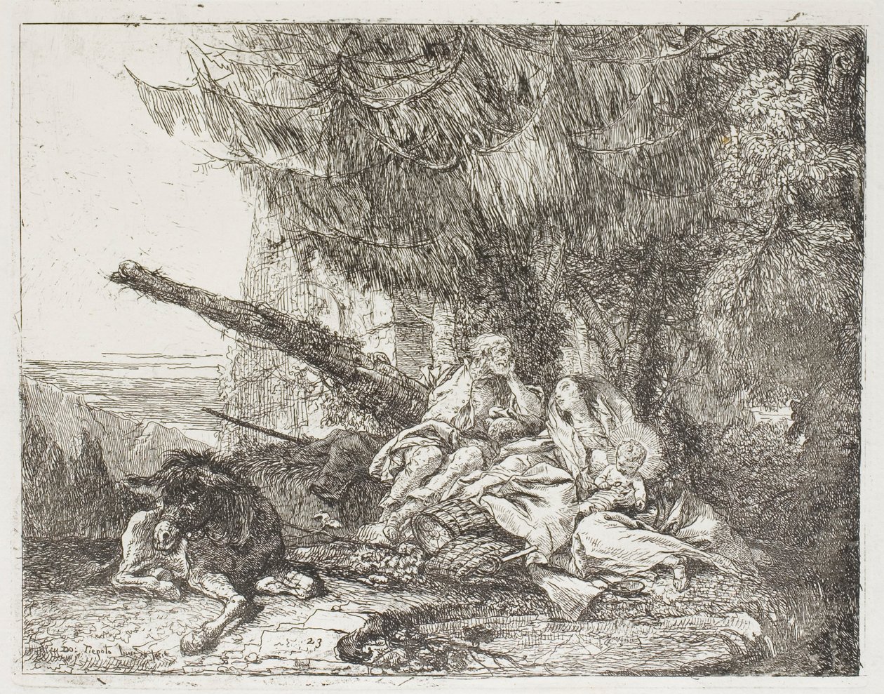 Den hellige familie hviler i en skov, plade 23 fra Flugten til Egypten af Giovanni Domenico Tiepolo