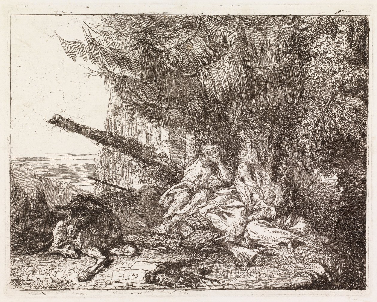 Den hellige familie hvilende under et grantræ (Flugten til Egypten XXIII) af Giovanni Domenico Tiepolo