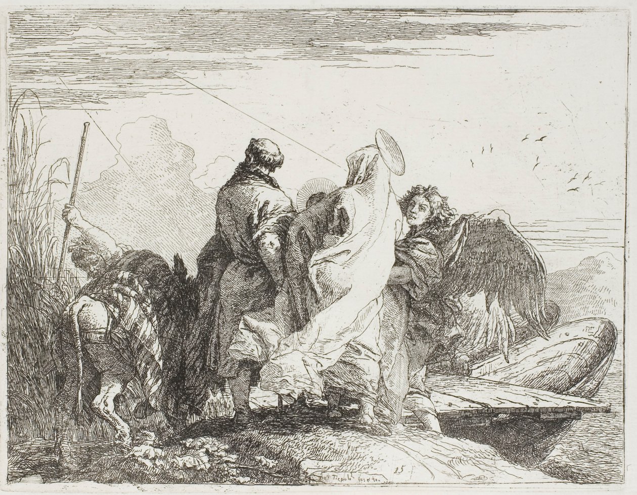 Den hellige familie træder ud af bredden, tallerken femten fra Flugten til Egypten af Giovanni Domenico Tiepolo