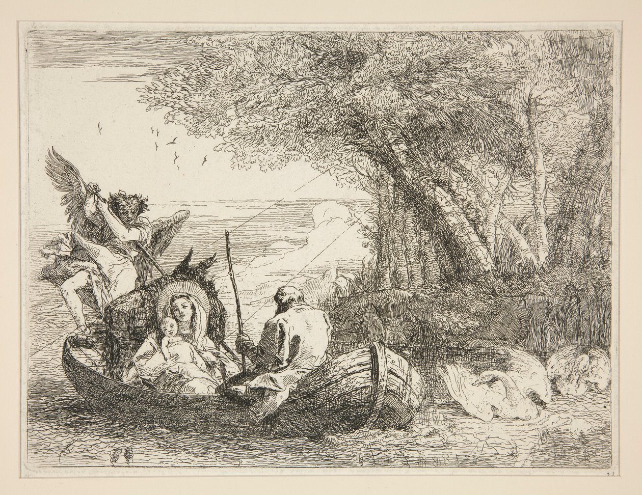 The Holy Family Travelling by Boat, fra serien Idee pittoresche sopra la fuga in Egitto (Flyv til Egypten) af Giovanni Domenico Tiepolo