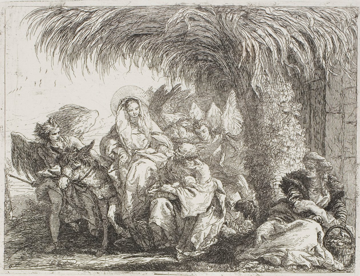 Den hellige familie under et palmetræ, tallerken seks fra Flugten til Egypten af Giovanni Domenico Tiepolo