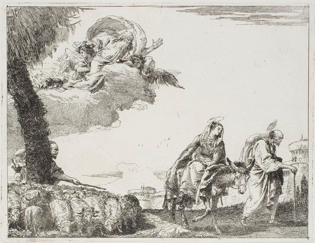 Den hellige familie går langs en bymur. Til venstre, en hyrde med sin flok og Gud Faderen, plade otte fra Flugten til Egypten af Giovanni Domenico Tiepolo