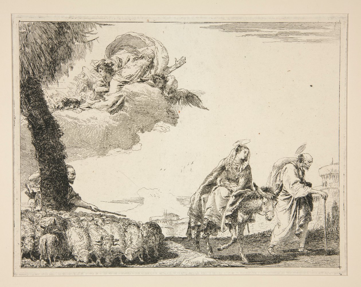 The Holy Family, fra serien Picturesque Ideas Over the Flight into Egypt (Flight into Egypt) af Giovanni Domenico Tiepolo