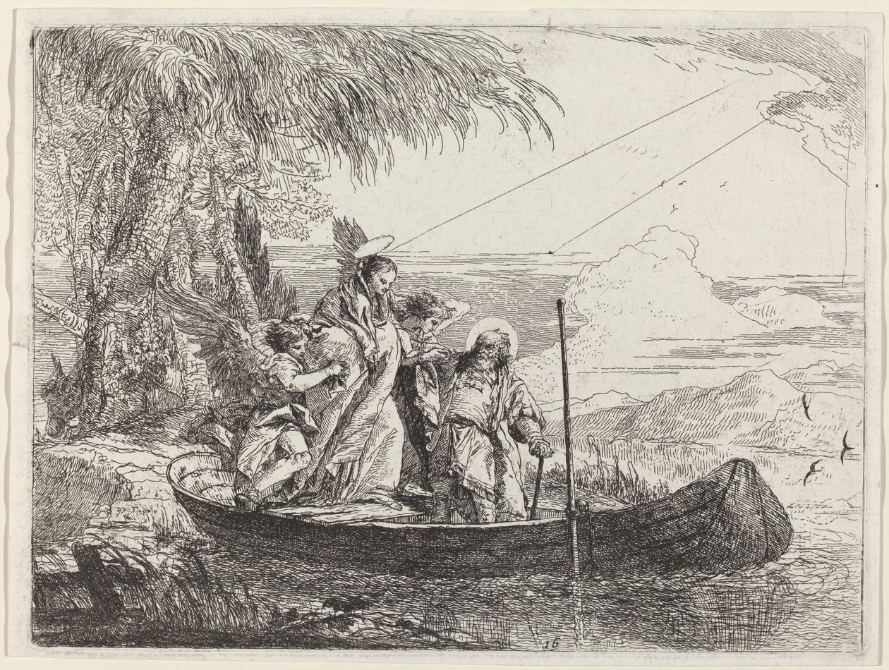 Madonnaen, barnet og englene går ind i båden af Giovanni Domenico Tiepolo