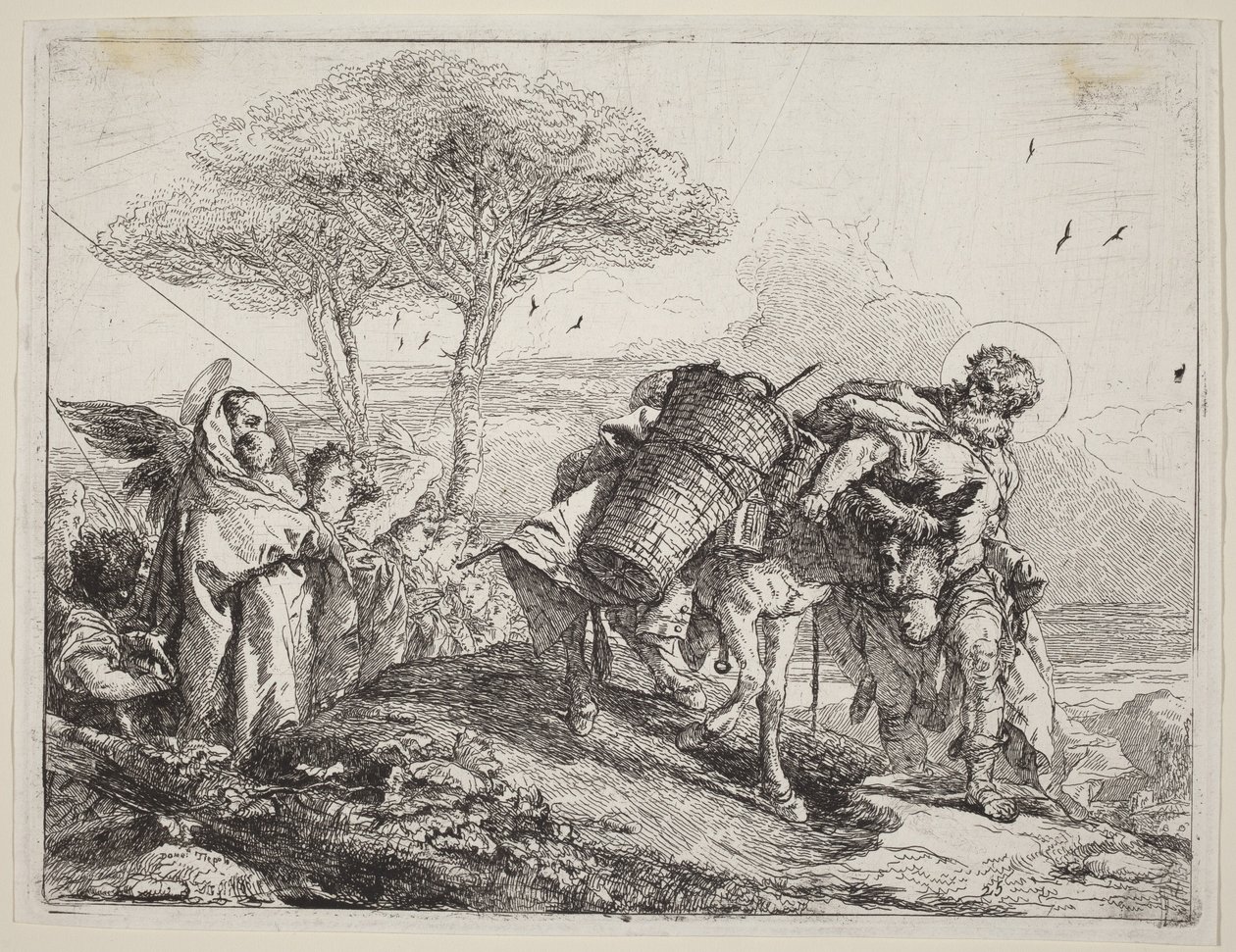 Madonnaen med barnet til venstre, omgivet af en række engle af Giovanni Domenico Tiepolo