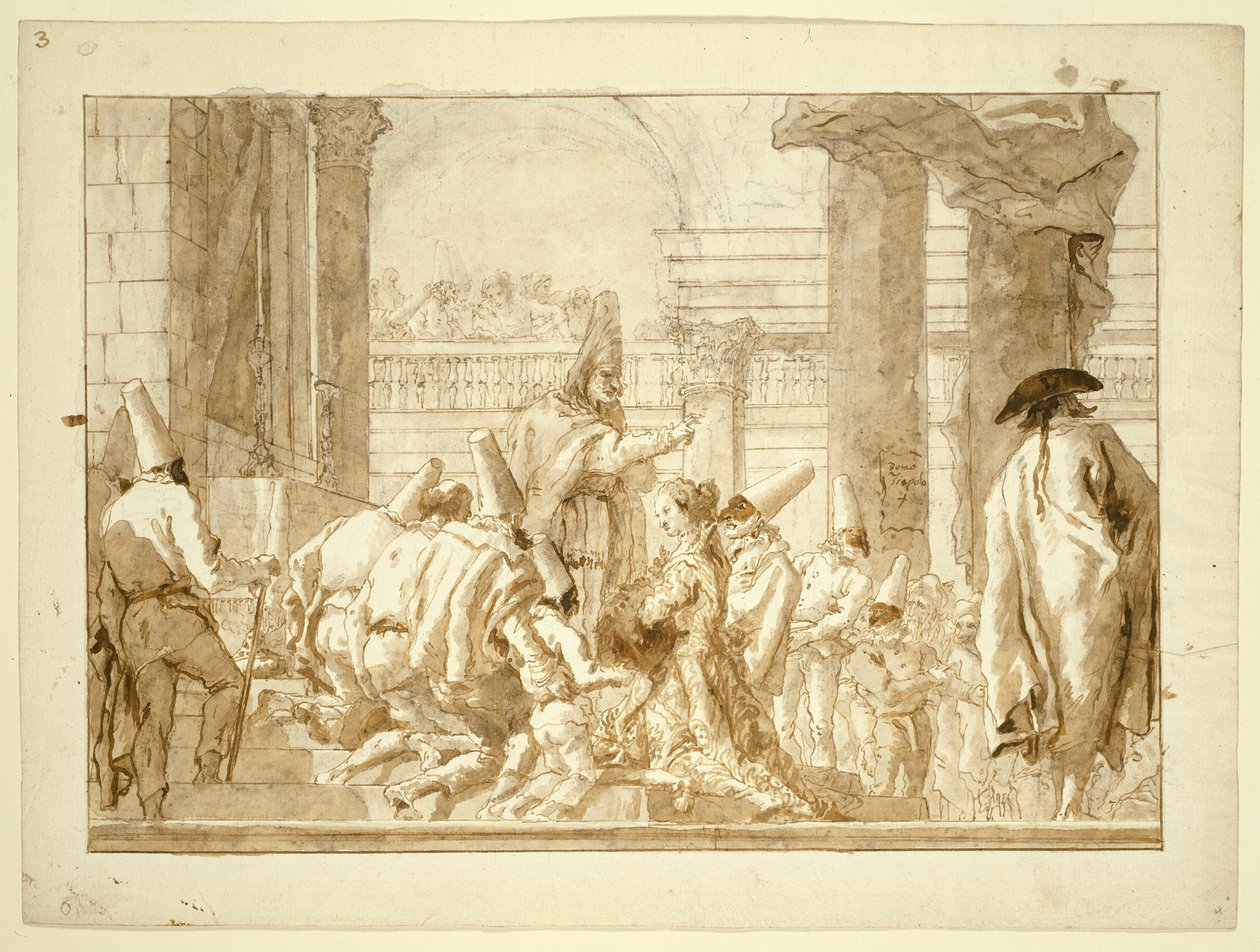 Punchinellos fars ægteskab af Giovanni Domenico Tiepolo