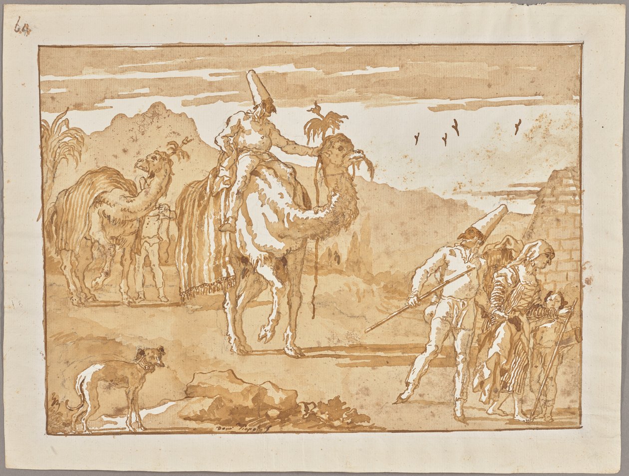 Der Punchinello reitet auf einem Kamel an der Spitze einer Karawane af Giovanni Domenico Tiepolo